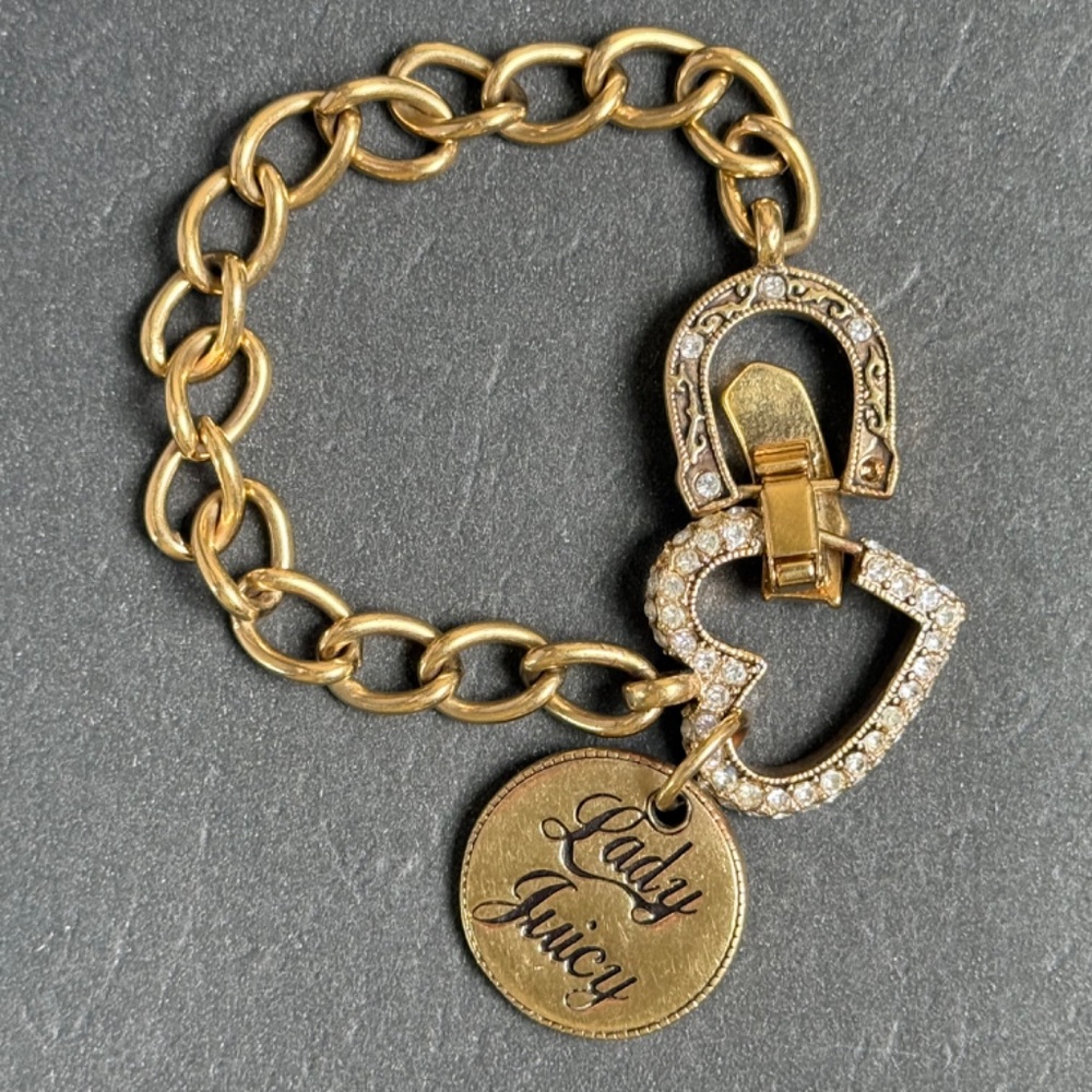 VINTAGE JUICY COUTURE Bracelet Charm LUCK Rhinestone Link Y2K Lux Casual 7-1/2"